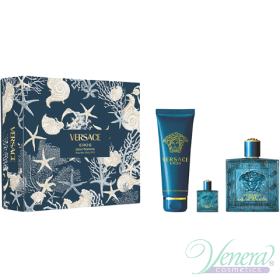 Versace Eros Комплект (EDT 100ml + EDT 5ml + SG 150ml) за Мъже Мъжки Комплекти